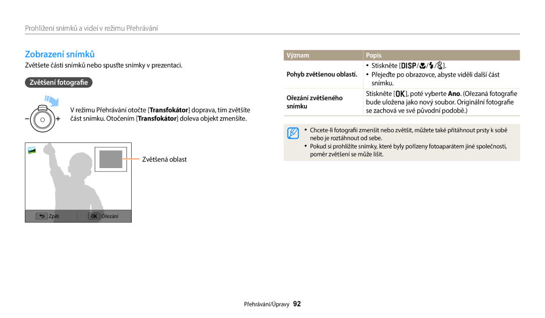 Samsung EC-WB380FBPBE1, EC-WB380FBPWE1 manual Zobrazení snímků, Zvětšení fotografie, Význam, Ořezání zvětšeného, Snímku 