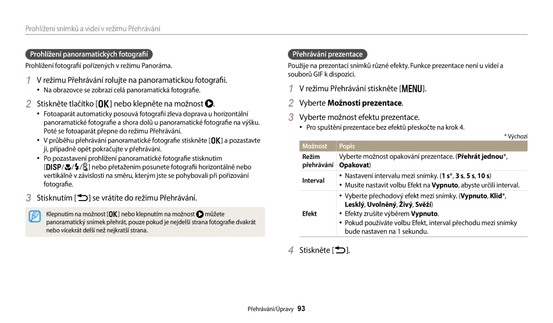 Samsung EC-WB380FBPWE1, EC-WB380FBPBE1 manual Vyberte Možnosti prezentace 