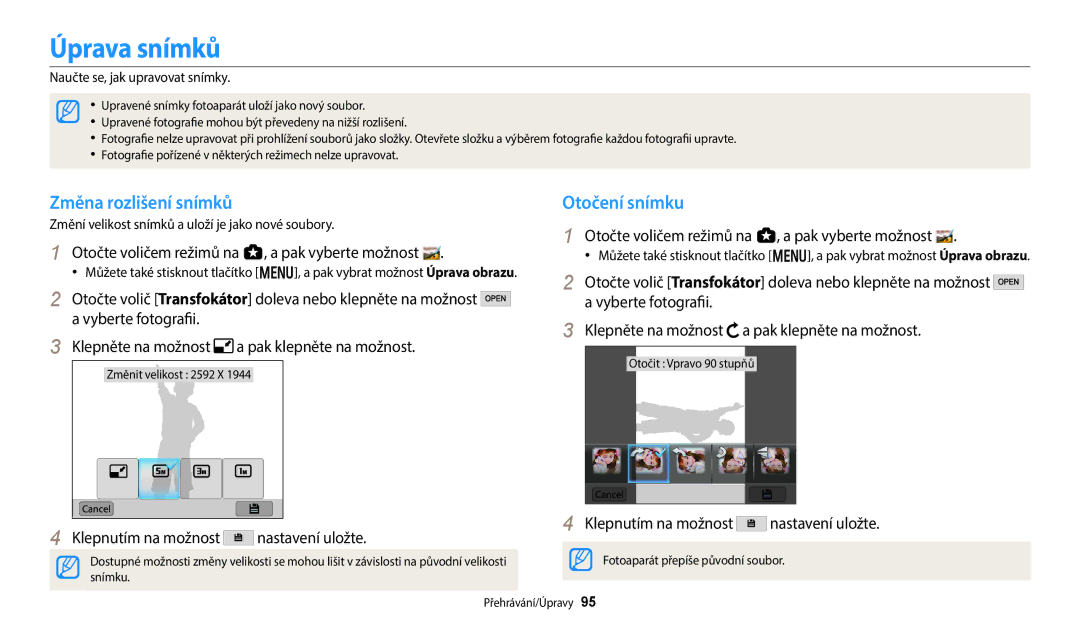 Samsung EC-WB380FBPWE1 manual Úprava snímků, Změna rozlišení snímků, Otočení snímku, Klepnutím na možnost nastavení uložte 