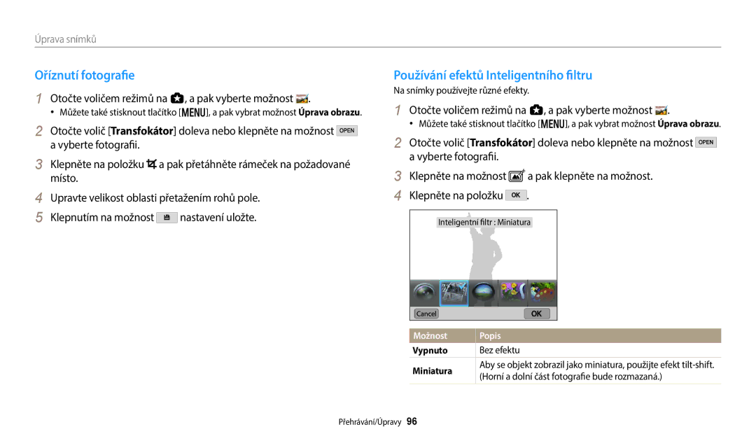 Samsung EC-WB380FBPBE1, EC-WB380FBPWE1 manual Oříznutí fotografie, Používání efektů Inteligentního filtru, Vypnuto 