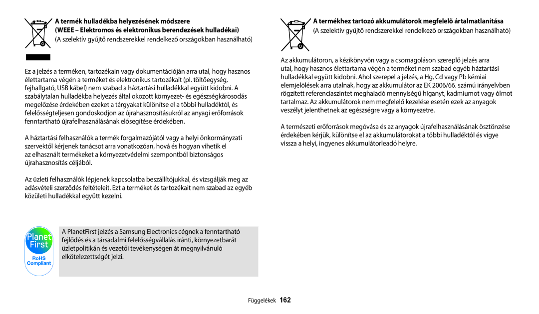 Samsung EC-WB380FBPBE1, EC-WB380FBPWE1 manual Termékhez tartozó akkumulátorok megfelelő ártalmatlanítása 