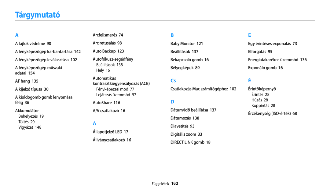 Samsung EC-WB380FBPWE1 manual Tárgymutató, Behelyezés Töltés Vigyázat, Beállítások Hely, Fényképezési mód Lejátszás üzemmód 