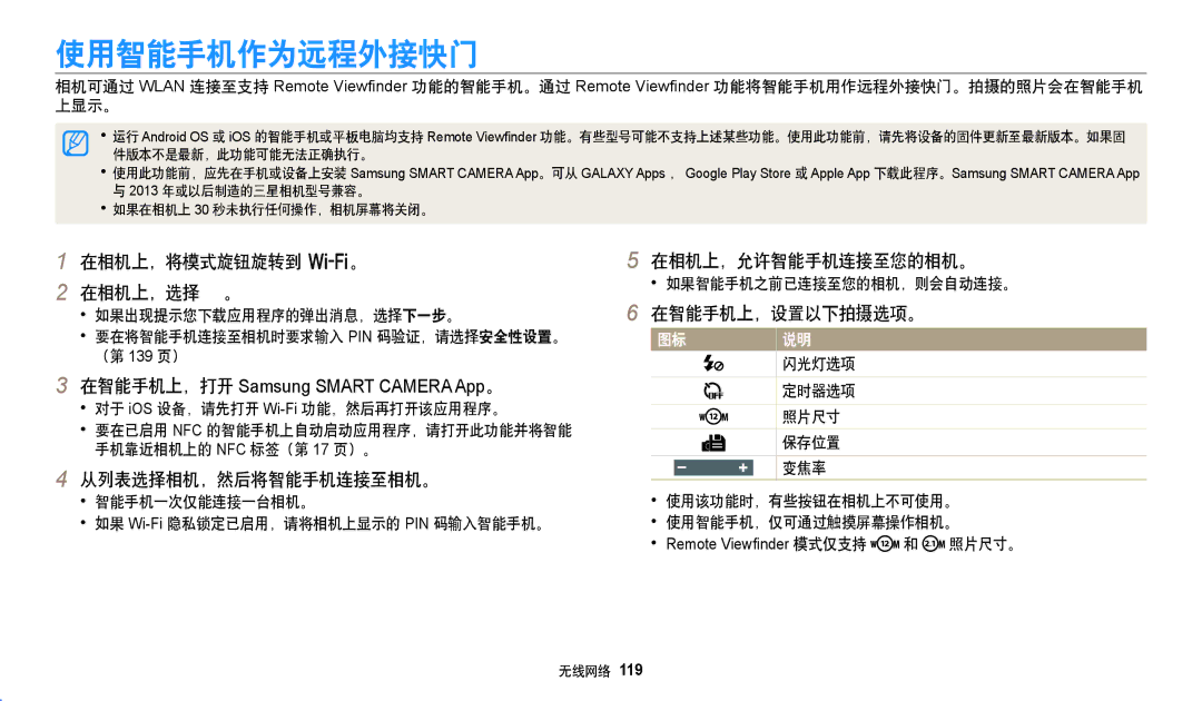 Samsung EC-WB380FBPWE1, EC-WB380FBPBE1 manual 使用智能手机作为远程外接快门, 在智能手机上，设置以下拍摄选项。 