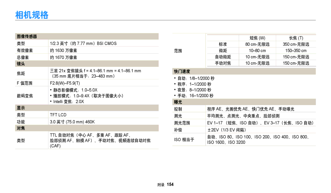 Samsung EC-WB380FBPBE1, EC-WB380FBPWE1 manual 相机规格 