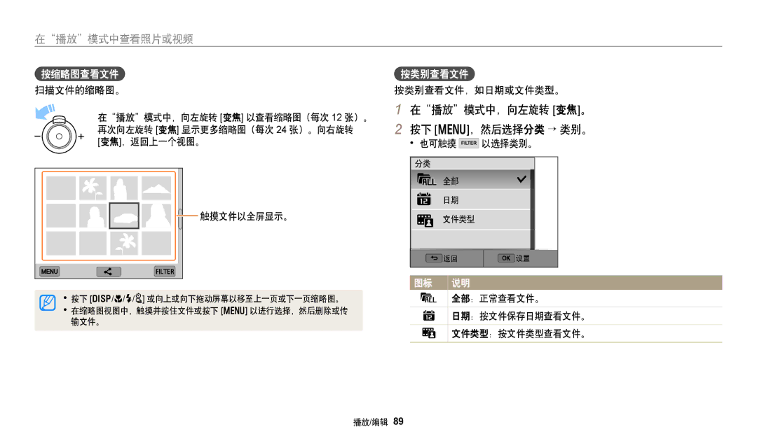 Samsung EC-WB380FBPWE1, EC-WB380FBPBE1 manual 在播放模式中，向左旋转 变焦。 按下 m，然后选择分类 → 类别。, 按缩略图查看文件, 按类别查看文件 