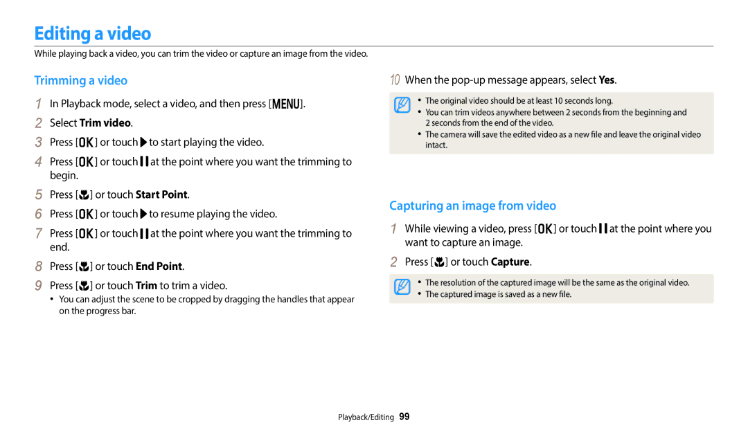 Samsung EC-WB380FBPWFR, EC-WB380FBPWE1 Editing a video, Trimming a video, Capturing an image from video, Select Trim video 