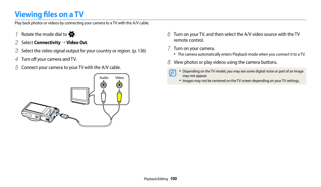 Samsung EC-WB380FBPWE1, EC-WB380FBPWFR, EC-WB380FBPBE1 manual Viewing files on a TV, Select Connectivity → Video Out 