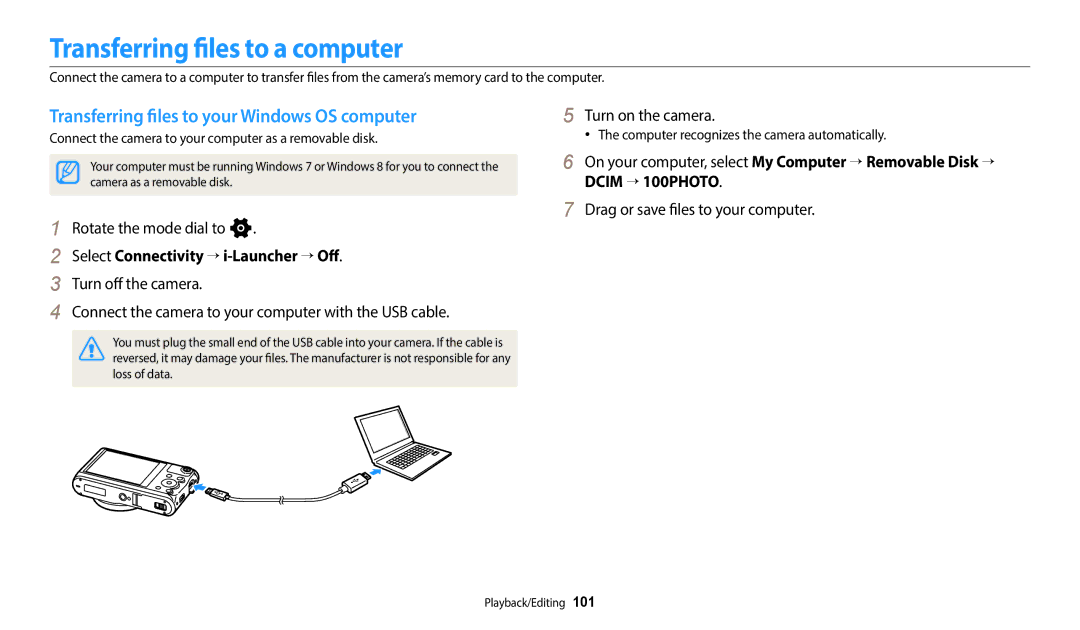 Samsung EC-WB380FBPBE1, EC-WB380FBPWFR Transferring files to a computer, Transferring files to your Windows OS computer 