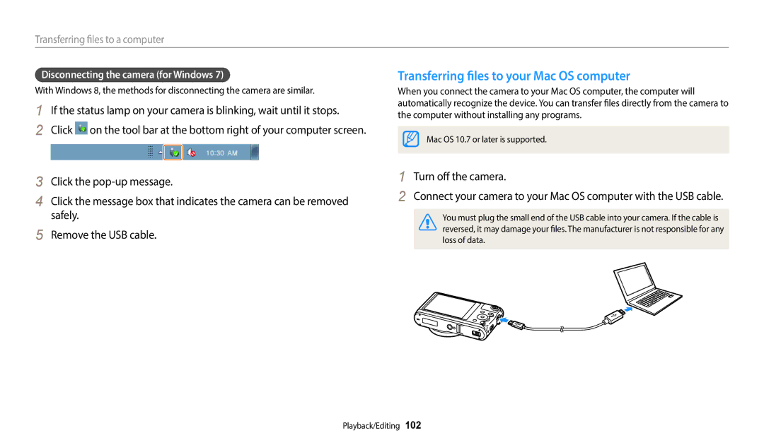 Samsung EC-WB380FBPWRU, EC-WB380FBPWFR, EC-WB380FBPWE1 manual Transferring files to your Mac OS computer, Turn off the camera 