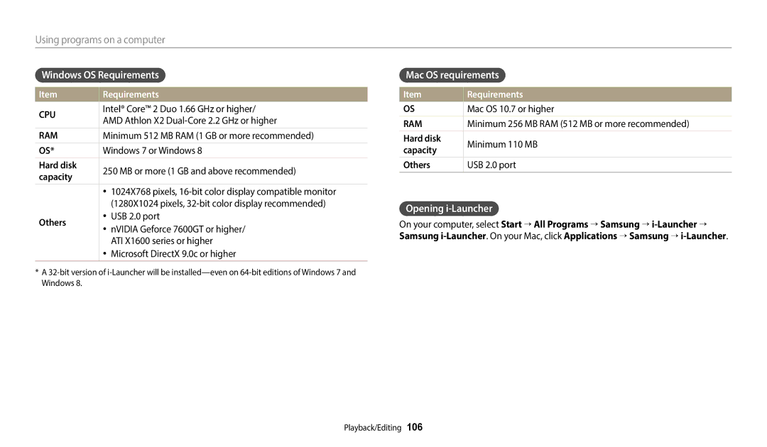 Samsung EC-WB380FBPBE1, EC-WB380FBPWFR, EC-WB380FBPWE1 Windows OS Requirements, Mac OS requirements, Opening i-Launcher 