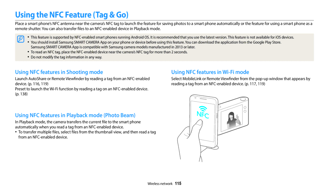 Samsung EC-WB380FBPWE1, EC-WB380FBPWFR, EC-WB380FBPBE1 Using the NFC Feature Tag & Go, Using NFC features in Shooting mode 