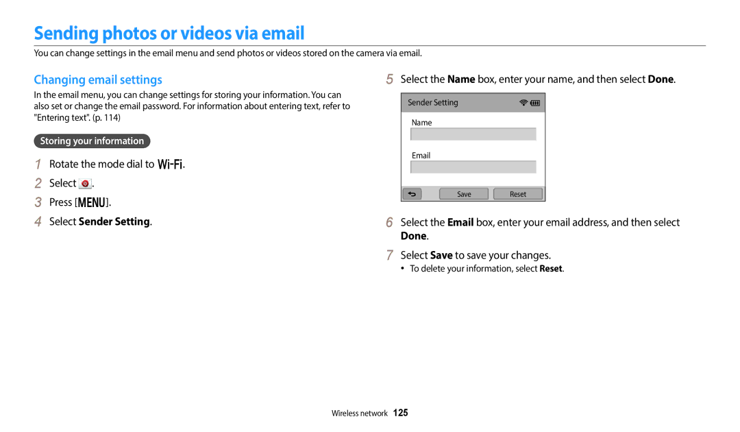 Samsung EC-WB380FBPWE1, EC-WB380FBPWFR Sending photos or videos via email, Changing email settings, Select Sender Setting 