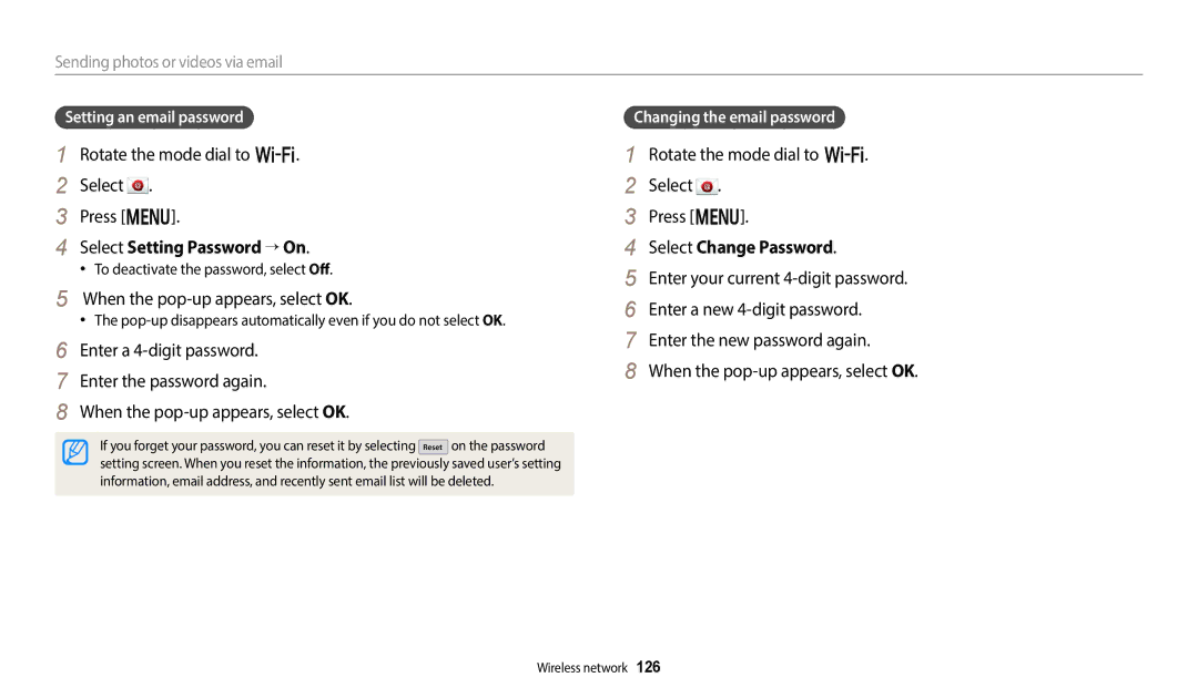 Samsung EC-WB380FBPBE1 manual Select Setting Password → On, When the pop-up appears, select OK, Select Change Password 