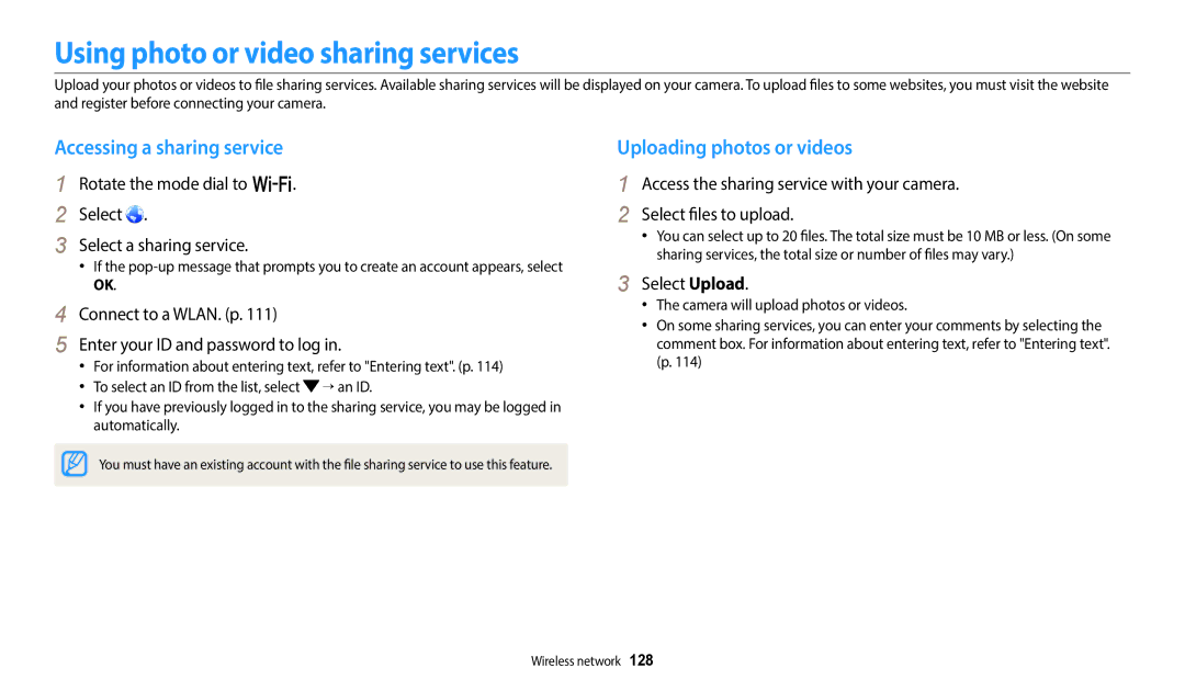 Samsung EC-WB380FBPBRU Using photo or video sharing services, Accessing a sharing service, Uploading photos or videos 