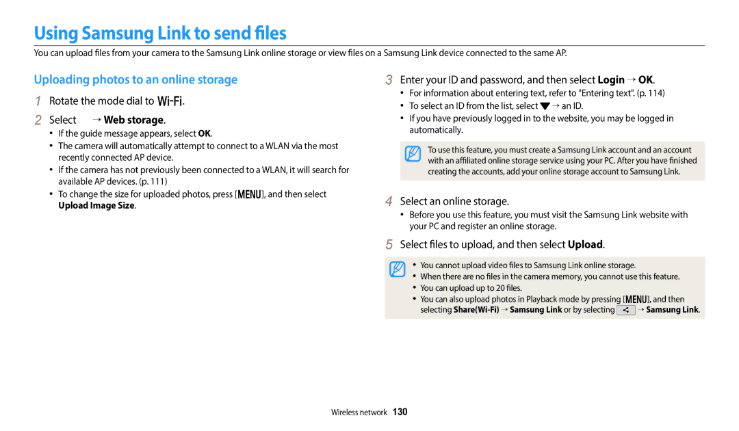 Samsung EC-WB380FBPWE1 manual Using Samsung Link to send files, Uploading photos to an online storage, Select → Web storage 