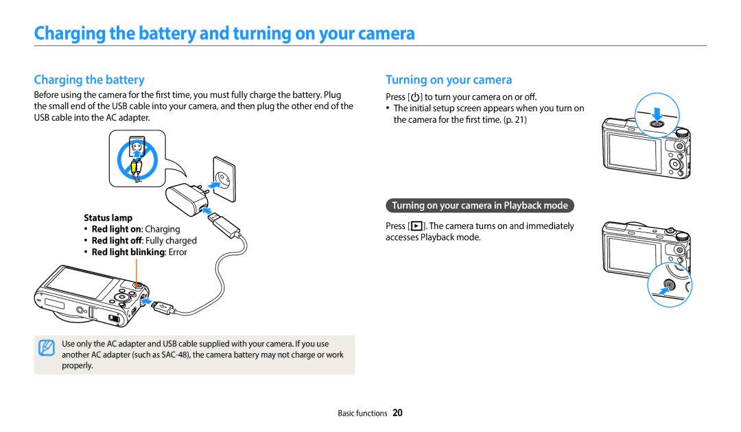 Samsung EC-WB380FBPWE1, EC-WB380FBPWFR manual Charging the battery and turning on your camera, Turning on your camera 