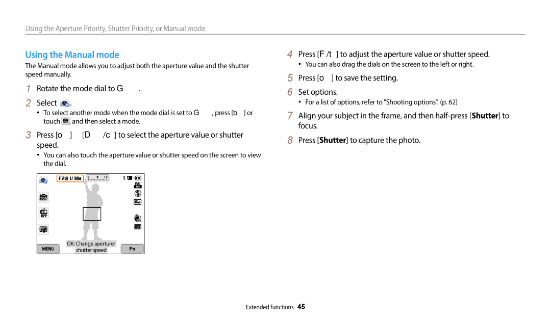 Samsung EC-WB380FBPWE1, EC-WB380FBPWFR Using the Manual mode, Press o → D/c to select the aperture value or shutter speed 