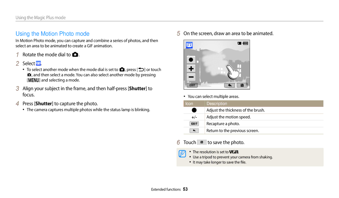 Samsung EC-WB380FBPBRU, EC-WB380FBPWFR manual Using the Motion Photo mode, On the screen, draw an area to be animated 