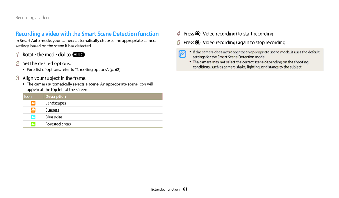 Samsung EC-WB380FBPBE1, EC-WB380FBPWFR, EC-WB380FBPWE1 manual Recording a video with the Smart Scene Detection function 