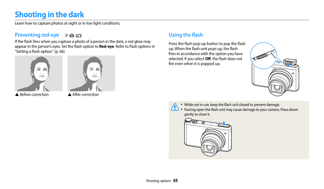 Samsung EC-WB380FBPWE1, EC-WB380FBPWFR, EC-WB380FBPBE1 manual Shooting in the dark, Preventing red-eye p s, Using the flash 