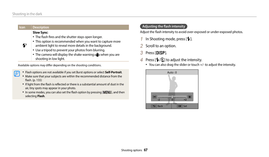 Samsung EC-WB380FBPWRU, EC-WB380FBPWFR, EC-WB380FBPWE1, EC-WB380FBPBE1 manual Adjusting the flash intensity, Slow Sync 
