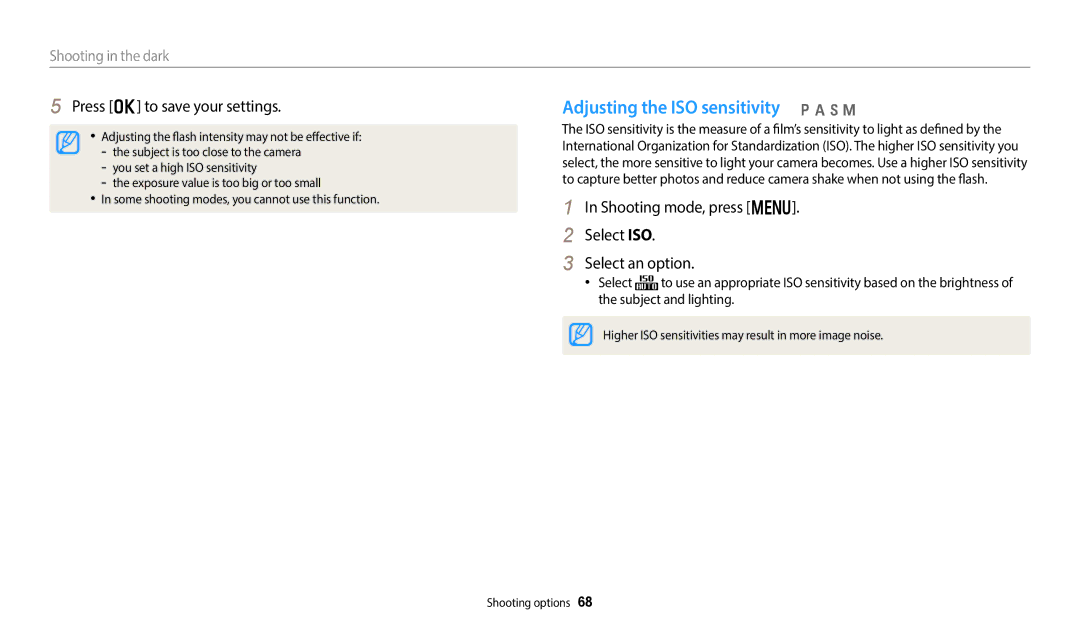 Samsung EC-WB380FBPBRU manual Adjusting the ISO sensitivity p a h M, Shooting mode, press m Select ISO Select an option 