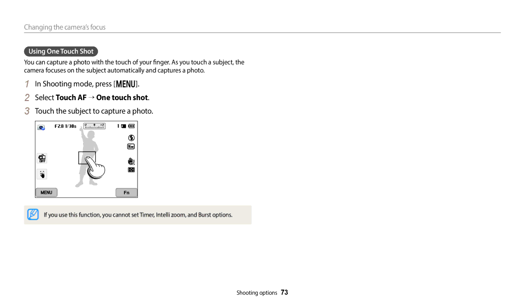 Samsung EC-WB380FBPBRU manual Select Touch AF → One touch shot, Touch the subject to capture a photo, Using One Touch Shot 