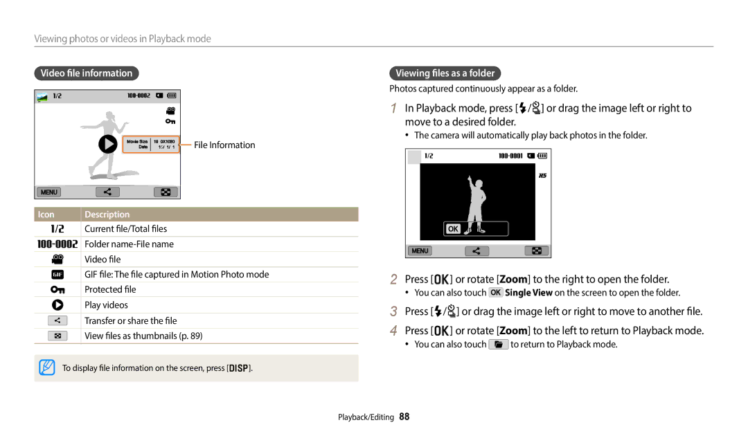 Samsung EC-WB380FBPBRU, EC-WB380FBPWFR manual Press o or rotate Zoom to the right to open the folder, Video file information 