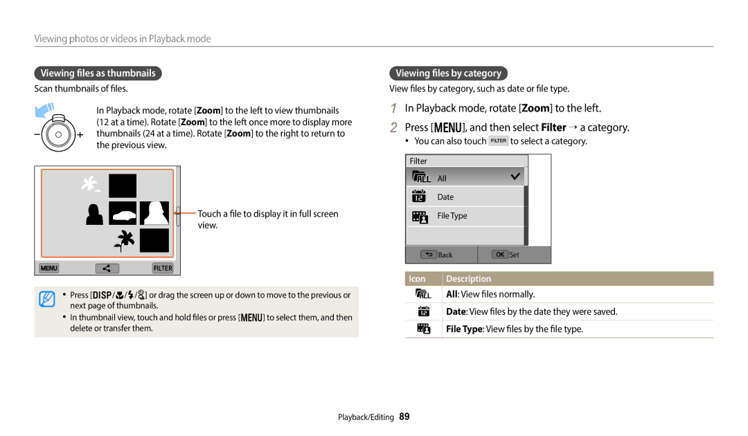 Samsung EC-WB380FBPWFR Viewing files as thumbnails, Viewing files by category, You can also touch to select a category 