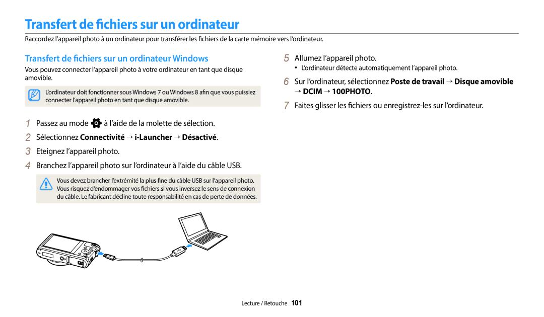 Samsung EC-WB380FBPWFR manual Transfert de fichiers sur un ordinateur Windows 