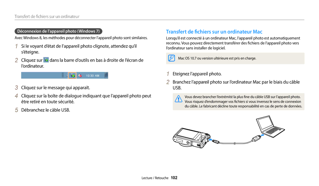 Samsung EC-WB380FBPWFR manual Transfert de fichiers sur un ordinateur Mac, Déconnexion de l’appareil photo Windows 