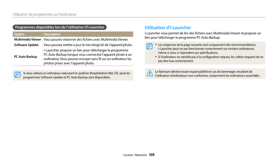 Samsung EC-WB380FBPWFR Utilisation d’i-Launcher, Programmes disponibles lors de l’utilisation d’i-Launcher, PC Auto Backup 