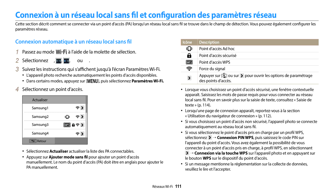 Samsung EC-WB380FBPWFR manual Connexion automatique à un réseau local sans fil, Sélectionnez un point d’accès 