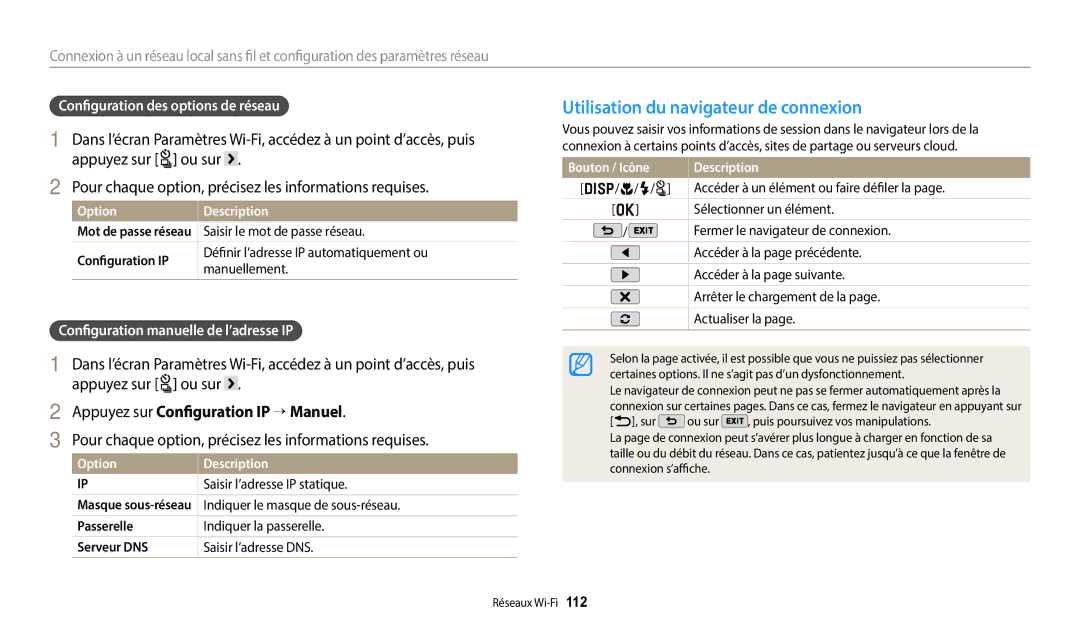 Samsung EC-WB380FBPWFR manual Utilisation du navigateur de connexion, Appuyez sur Configuration IP → Manuel, Bouton / Icône 