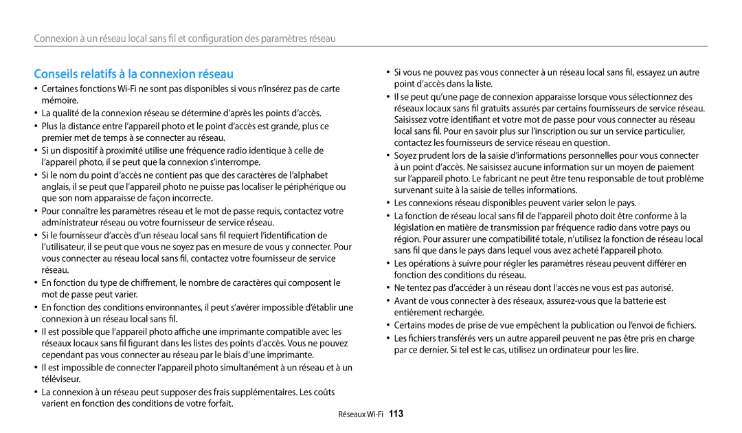 Samsung EC-WB380FBPWFR manual Conseils relatifs à la connexion réseau 