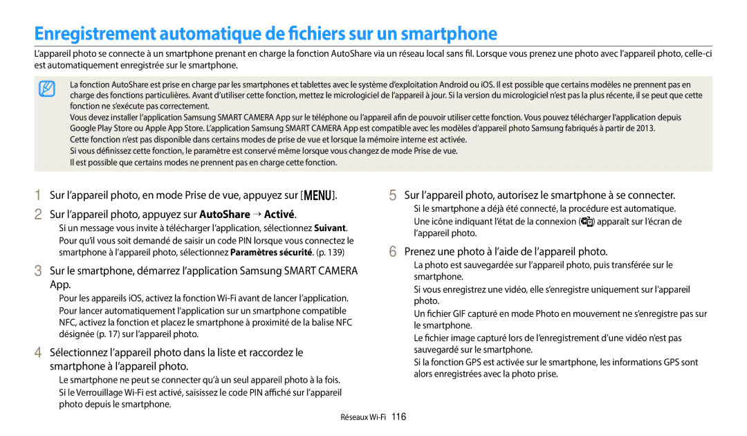 Samsung EC-WB380FBPWFR manual Enregistrement automatique de fichiers sur un smartphone 