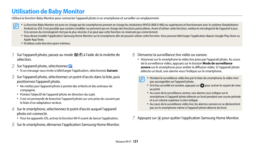 Samsung EC-WB380FBPWFR manual Utilisation de Baby Monitor, Démarrez la surveillance live vidéo ou sonore 