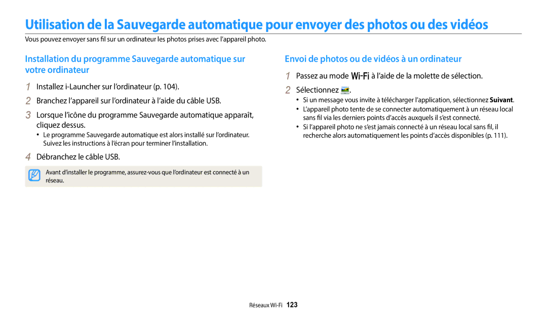 Samsung EC-WB380FBPWFR manual Envoi de photos ou de vidéos à un ordinateur, Débranchez le câble USB 