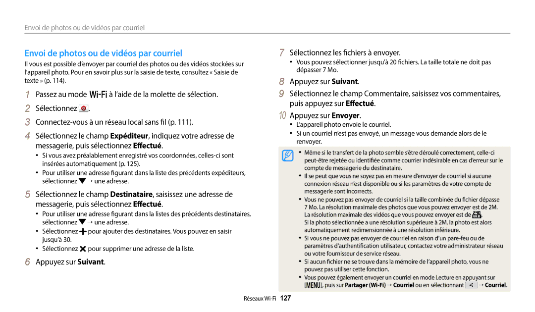 Samsung EC-WB380FBPWFR Envoi de photos ou de vidéos par courriel, Sélectionnez les fichiers à envoyer, Appuyez sur Suivant 