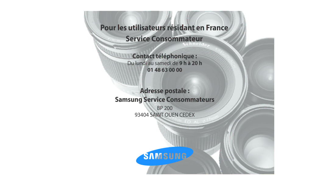 Samsung EC-WB380FBPWFR manual Adresse postale Samsung Service Consommateurs 