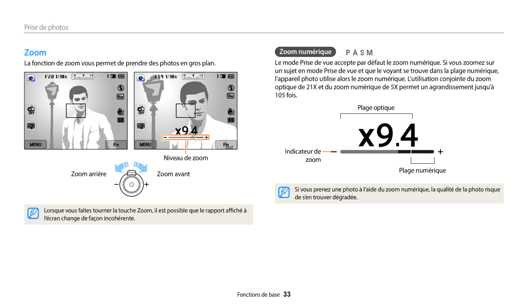 Samsung EC-WB380FBPWFR manual Zoom numérique p a h M, Plage numérique 