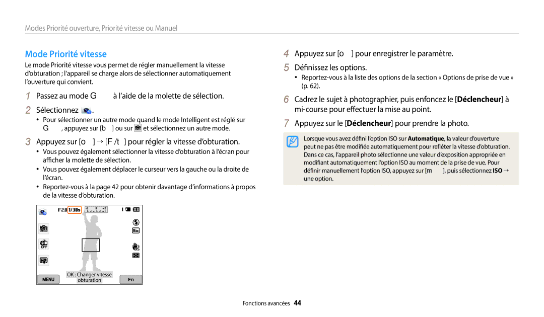 Samsung EC-WB380FBPWFR manual Mode Priorité vitesse, Appuyez sur o → F/t pour régler la vitesse d’obturation 