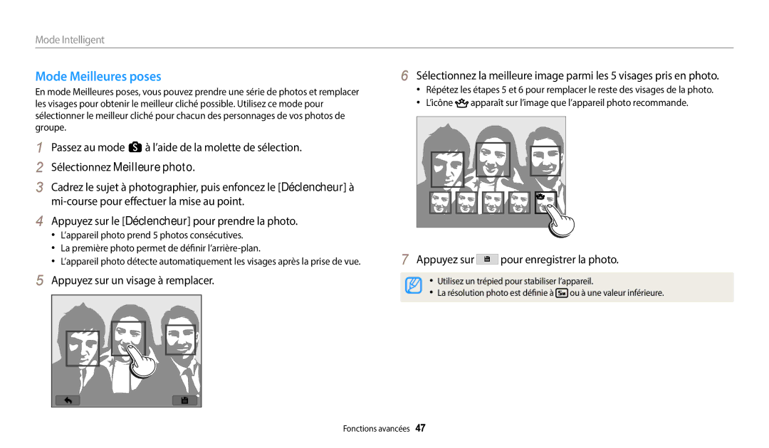 Samsung EC-WB380FBPWFR manual Mode Meilleures poses, Passez au mode s à l’aide de la molette de sélection 