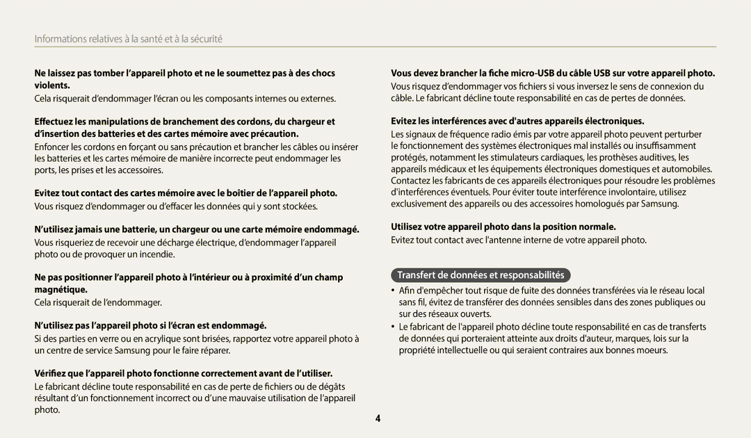 Samsung EC-WB380FBPWFR Transfert de données et responsabilités, Utilisez votre appareil photo dans la position normale 