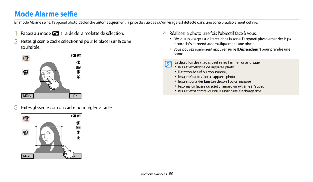 Samsung EC-WB380FBPWFR manual Mode Alarme selfie, Faites glisser le coin du cadre pour régler la taille 