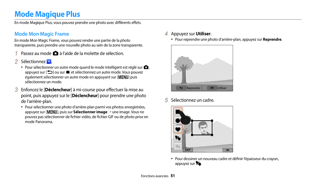 Samsung EC-WB380FBPWFR manual Mode Magique Plus, Mode Mon Magic Frame, Appuyez sur Utiliser, Sélectionnez un cadre 