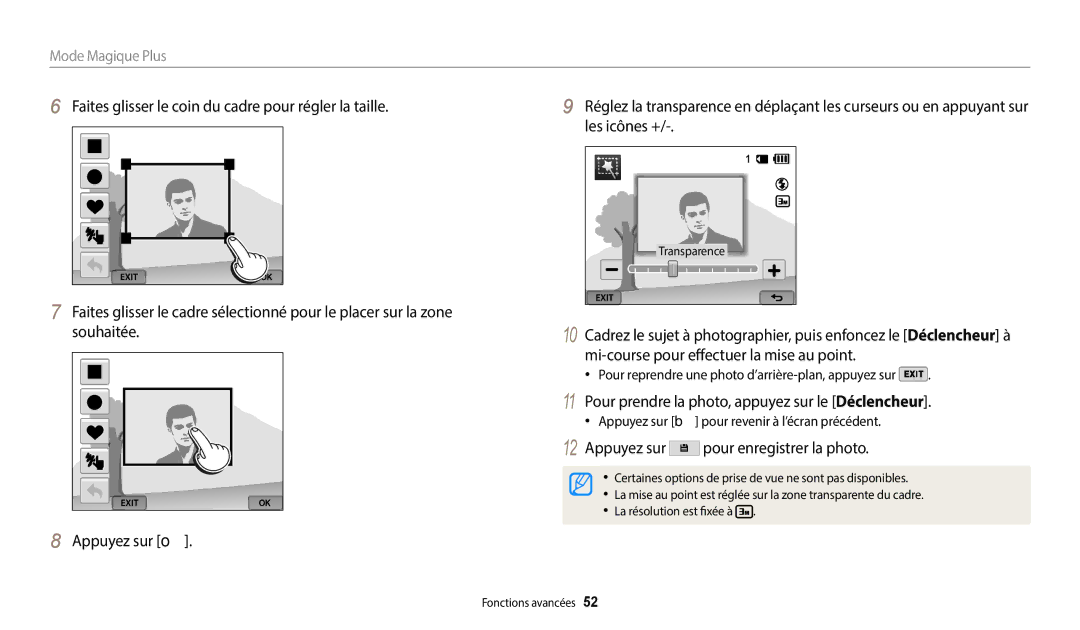 Samsung EC-WB380FBPWFR Pour prendre la photo, appuyez sur le Déclencheur, Appuyez sur b pour revenir à l’écran précédent 