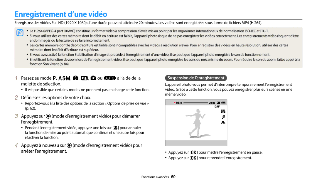 Samsung EC-WB380FBPWFR Enregistrement d’une vidéo, Définissez les options de votre choix, Suspension de l’enregistrement 