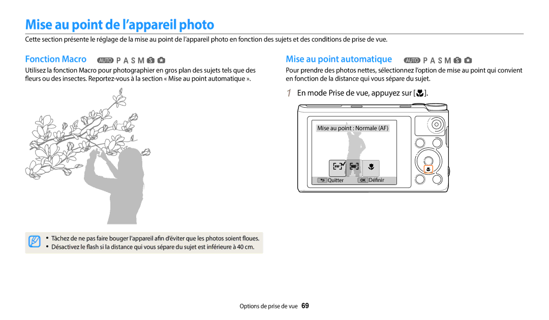 Samsung EC-WB380FBPWFR manual Mise au point de l’appareil photo, En mode Prise de vue, appuyez sur c 