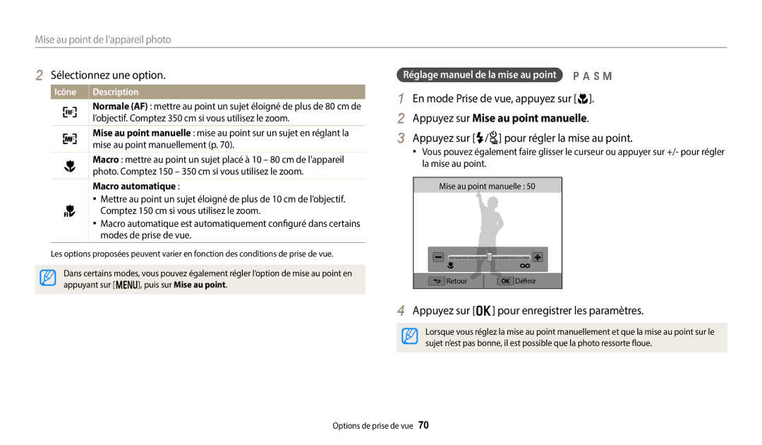 Samsung EC-WB380FBPWFR Appuyez sur Mise au point manuelle, Appuyez sur F/t pour régler la mise au point, Macro automatique 